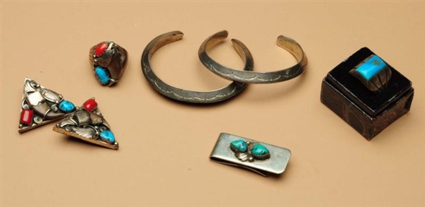 LOT OF 6: SILVER & TURQUOISE JEWELRY.             