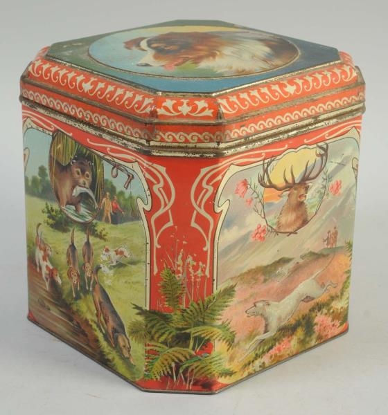 TIN WITH VARIOUS HUNTING SCENES.                  