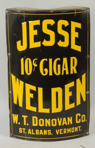 JESSE WELDEN 10¢ CIGAR TIN CORNER SIGN.           