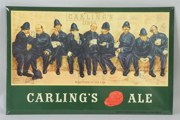 CARLINGS ALE TIN OVER CARDBOARD SIGN.            