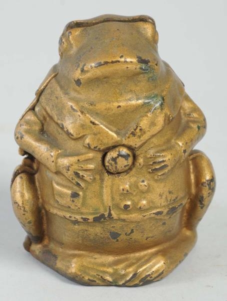 SEATED FROG CAST IRON STILL BANK.                 