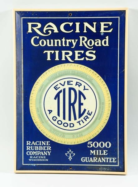 TIN RACINE COUNTRY ROAD TIRES SIGN.               