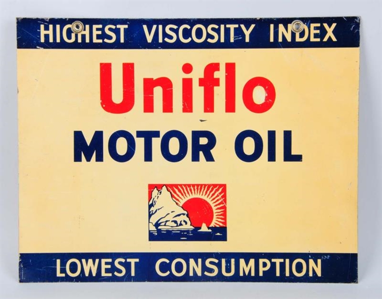 UNIFLO-TAGOLENE MOTOR OIL TWO-SIDED METAL SIGN.   