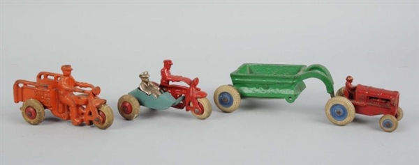 LOT OF 3: CAST IRON COLORED TRACTOR & MOTORCYCLES 