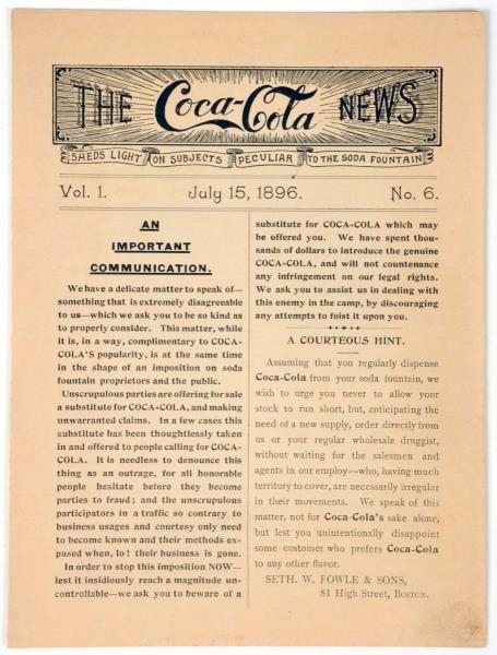 SCARCE COCA-COLA 1896 NEWS.                       