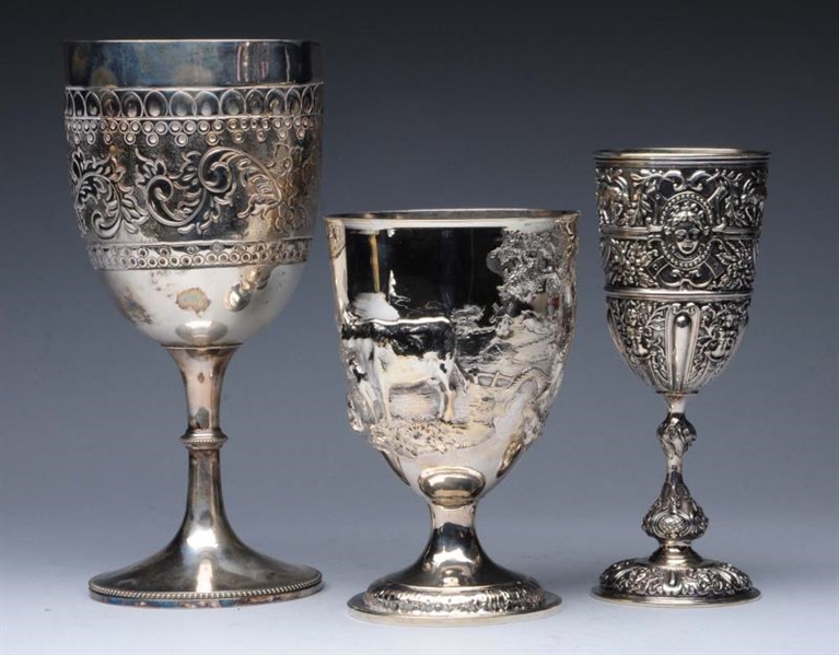 ENGLISH SILVER CELLINI PATTERN GOBLET & 2 OTHERS. 