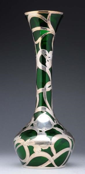 LARGE STERLING SILVER OVERLAY ON GREEN GLASS VASE 