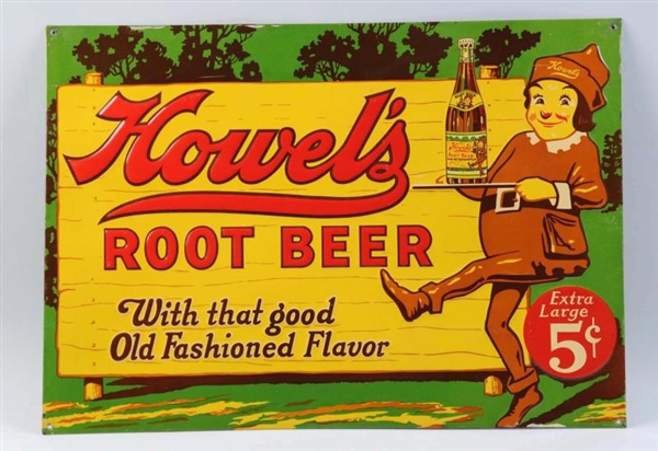 1940’S HOWEL’S ROOT BEER EMBOSSED TIN SIGN.       