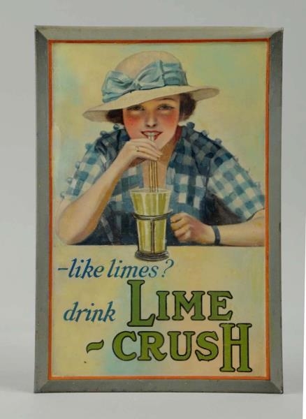 LIME-CRUSH 1920’S TIN OVER CARDBOARD SIGN.        
