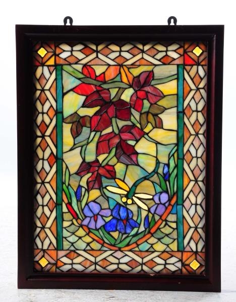 STAINED WINDOW GLASS WITH FLORAL MOTIF.           