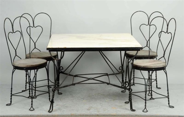 EARLY MARBLE & BENT WIRE ICE CREAM PARLOR SET.    