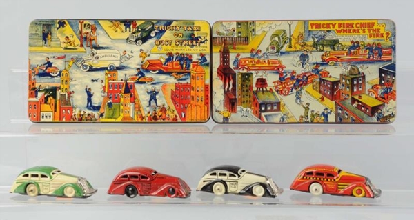 LOT OF 6: 4 TRICKY TAXIS & 2 TIN LITHO PLATFORMS 