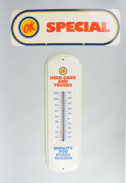 (CHEVROLET) OK THERMOMETER AND TIN SIGN.          