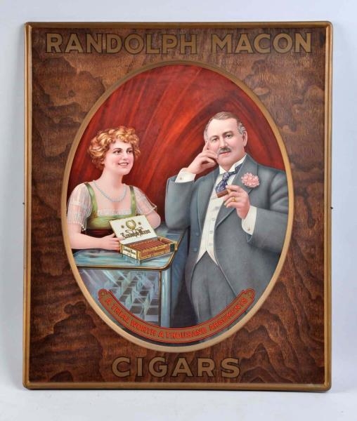 1910 RANDOLPH MACON CIGARS SELF FRAMED TIN SIGN.  