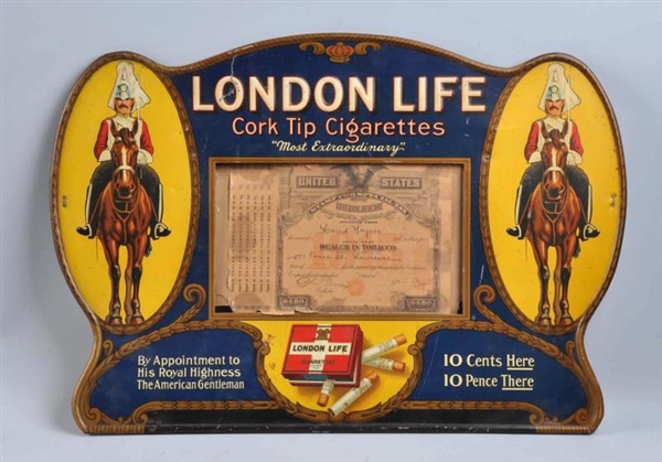 LONDON LIFE EMBOSSED TIN EASEL SIGN.              
