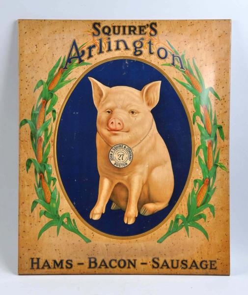 EARLY EMBOSSED TIN SQUIRE’S BACON SIGN.           
