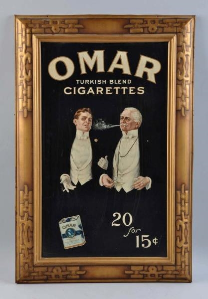 1910-15 OMAR CIGARETTES SELF FRAMED TIN SIGN.     