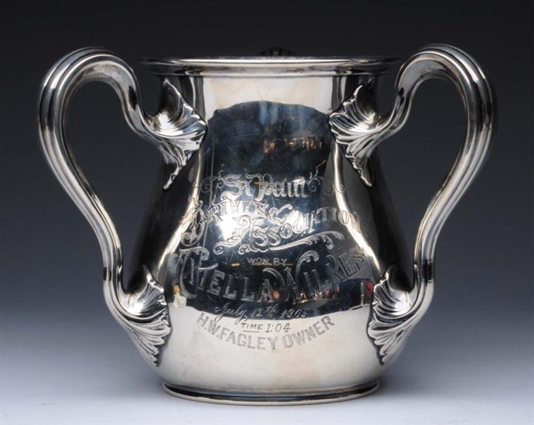 GORHAM STERLING THREE-HANDLED TROPHY CUP.         
