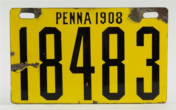 1908 PENNSYLVANIA PORCELAIN LICENSE PLATE.        