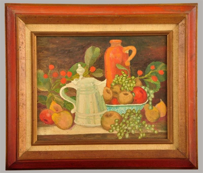OIL ON BOARD STILL LIFE OF FRUIT & PITCHER.       