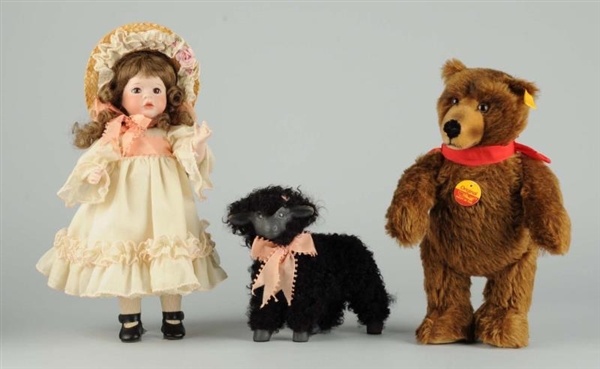 LOT OF 3: DOLL AND TWO STUFFED ANIMALS.           