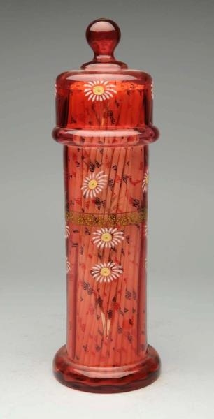 EARLY PINK ENAMELED GLASS STRAW HOLDER & LID.     