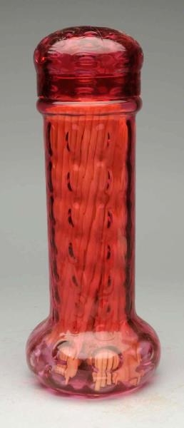 EARLY PINK GLASS STRAW HOLDER WITH LID.           