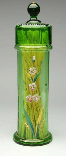 EARLY ENAMELED GREEN GLASS STRAW HOLDER & LID.    