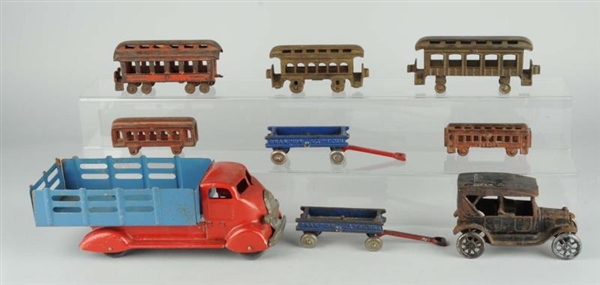 LOT OF 9: CAST IRON & PRESSED STEEL VEHICLES.     