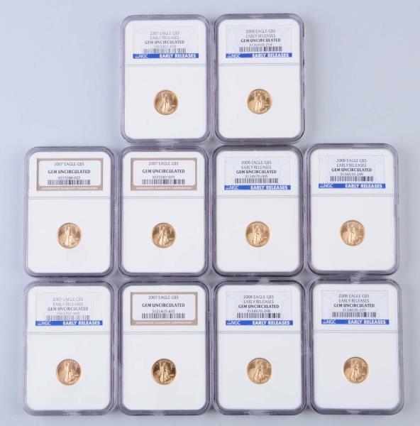 LOT OF 10 : $5 GOLD EAGLES GRADED BY NGC.         