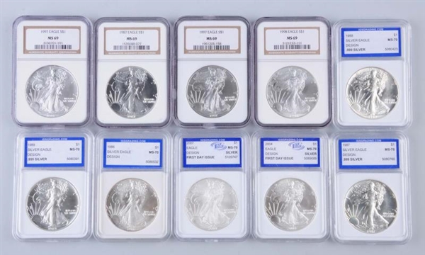 LOT OF 10: AMERICAN SILVER EAGLE COINS GRADED.    