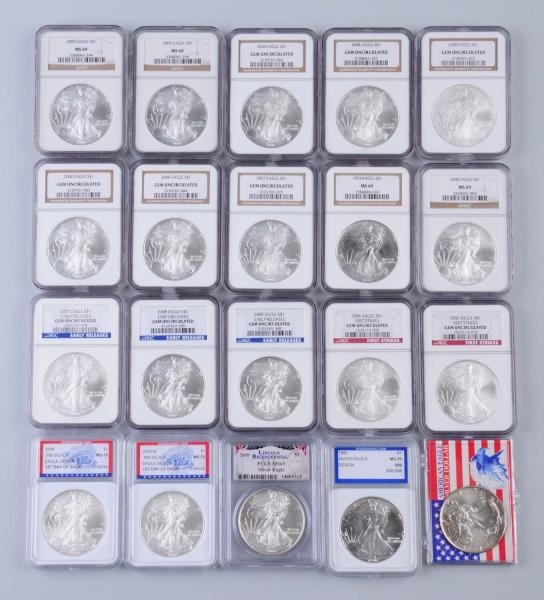 LOT OF 20: SILVER EAGLES GRADED.                  