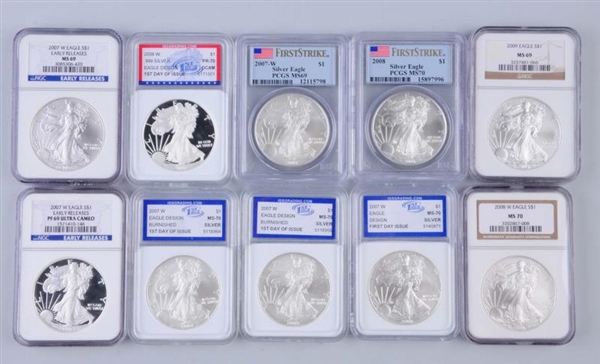 LOT OF 10: AMERICAN SILVER EAGLE COINS GRADED.    