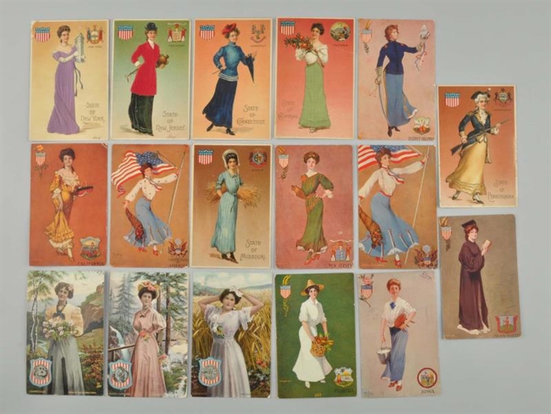 LOT OF 17: STATE GIRL POSTCARDS.                  
