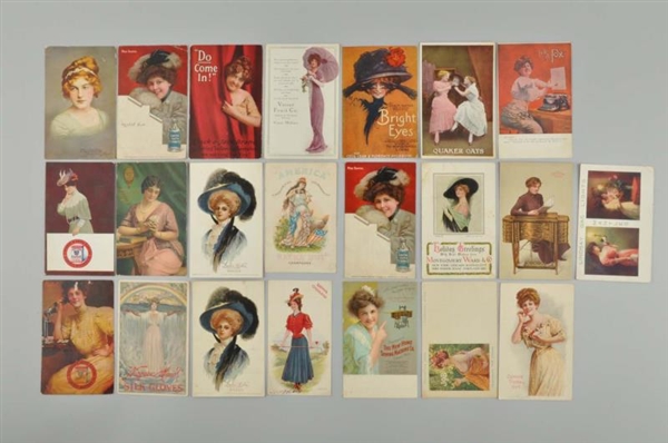 LOT OF 24: ADVERTISING POSTCARDS WITH GIRLS.      