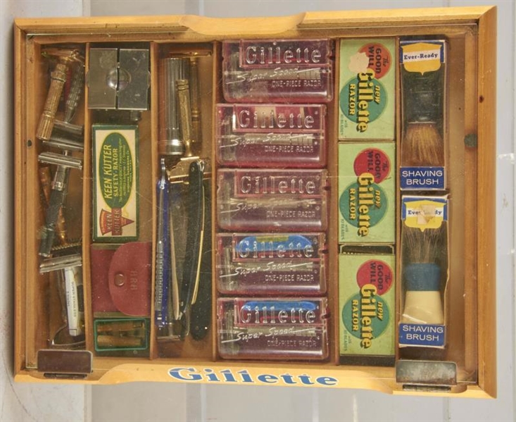 GILLETTE WOOD AND GLASS COUNTERTOP RAZOR DISPLAY  