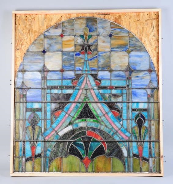 VERY LARGE LEADED & STAINED GLASS WINDOW.         