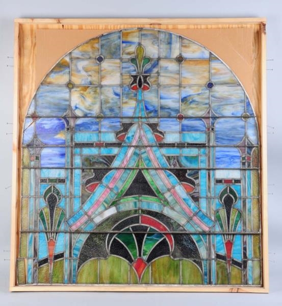 VERY LARGE LEADED & STAINED GLASS WINDOW.         