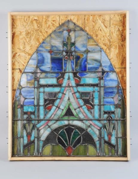 SMALLER LEADED & STAINED GLASS WINDOW.            
