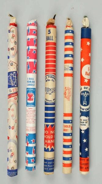 LOT OF 5: ROMAN CANDLES FROM 1950S-1970S.         