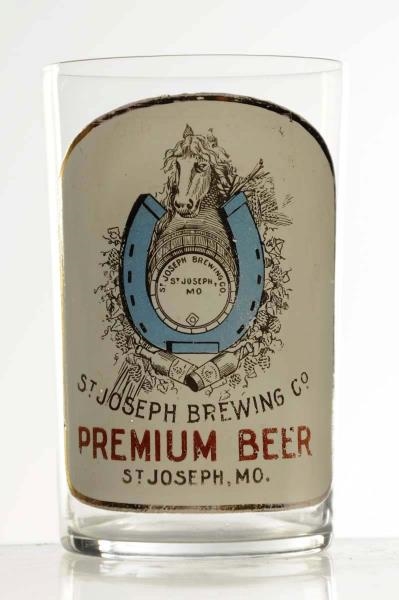 ST. JOSEPH BREWING CO. FIRED LABEL BEER GLASS.    