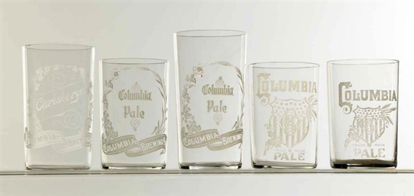 LOT OF 5: COLUMBIA BREWING ACID ETCHED GLASSES.   