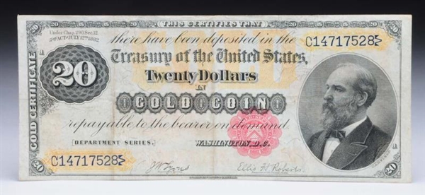 $20 1882 GOLD CERTIFICATE WITH SMALL RED SEAL.    