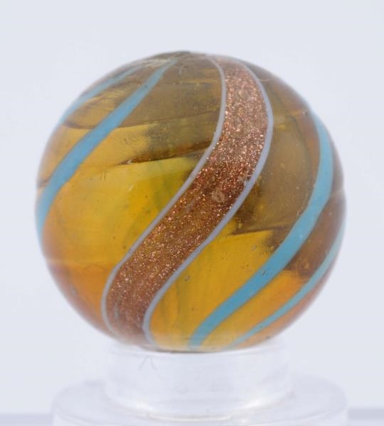 ROOT BEER GLASS BANDED LUTZ MARBLE.               