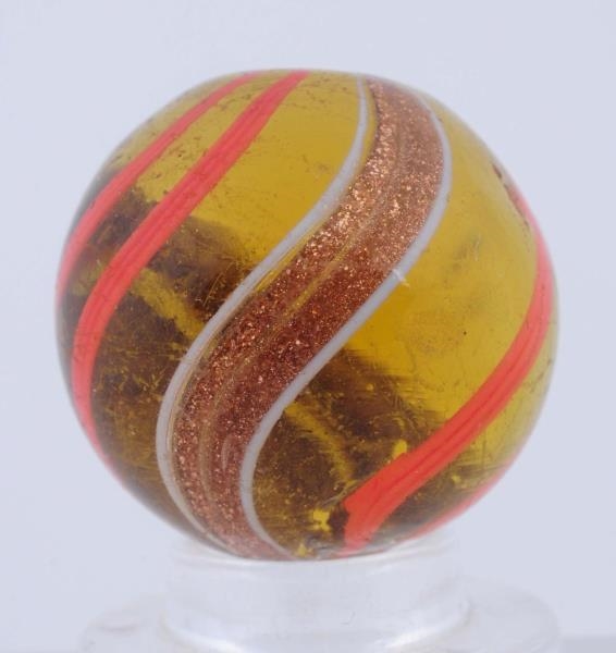 ROOT BEER GLASS BANDED LUTZ MARBLE.               