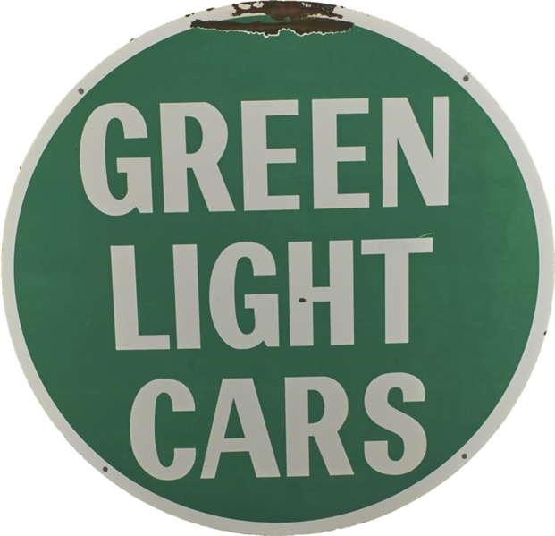 ROUND GREEN LIGHT CARS PORCELAIN SIGN             