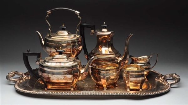  7 PIECE SILVER PLATED TEA SET WITH TRAY.         