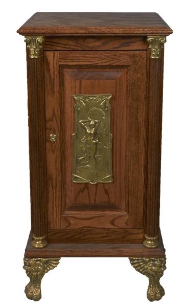 WOODEN SLOT MACHINE STAND WITH BRASS PLAQUE       
