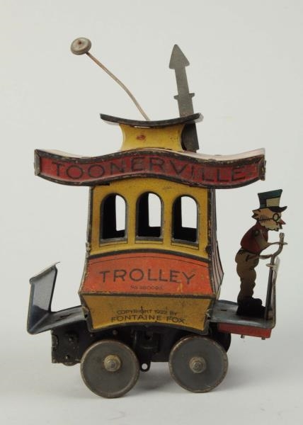 GERMAN TIN LITHO NIFTY TOONERVILLE TROLLEY TOY.   