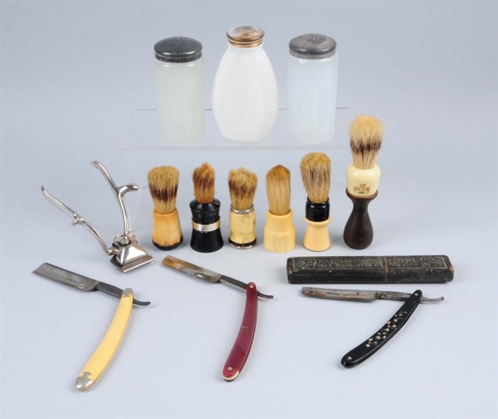LOT OF BARBER SHOP AND SHAVING ITEMS.             